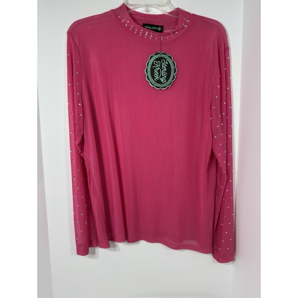 Sterling Kreek Women's Long Sleeve Mesh‎ Pink Top Accented With Rhinestones XL